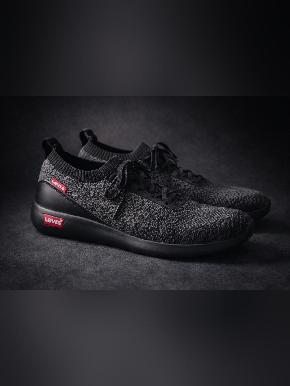 Levi's Men's Charcoal Black Knit Lace-Up Athletic Sneakers with Red Logo